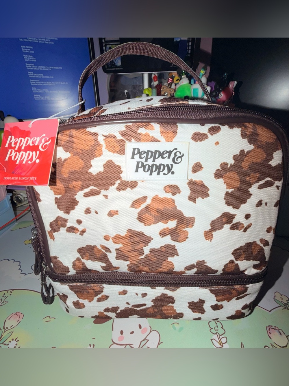 🐮NWT Pepper & Poppy Brown and White Cow Print Insulated Lunch Tote